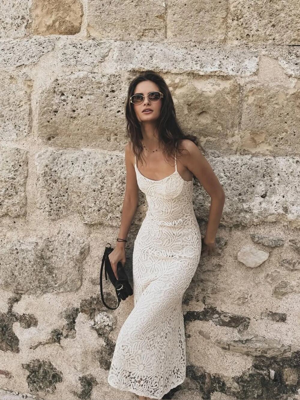 Bardot Adoni Crochet Midi Dress in Light Beige